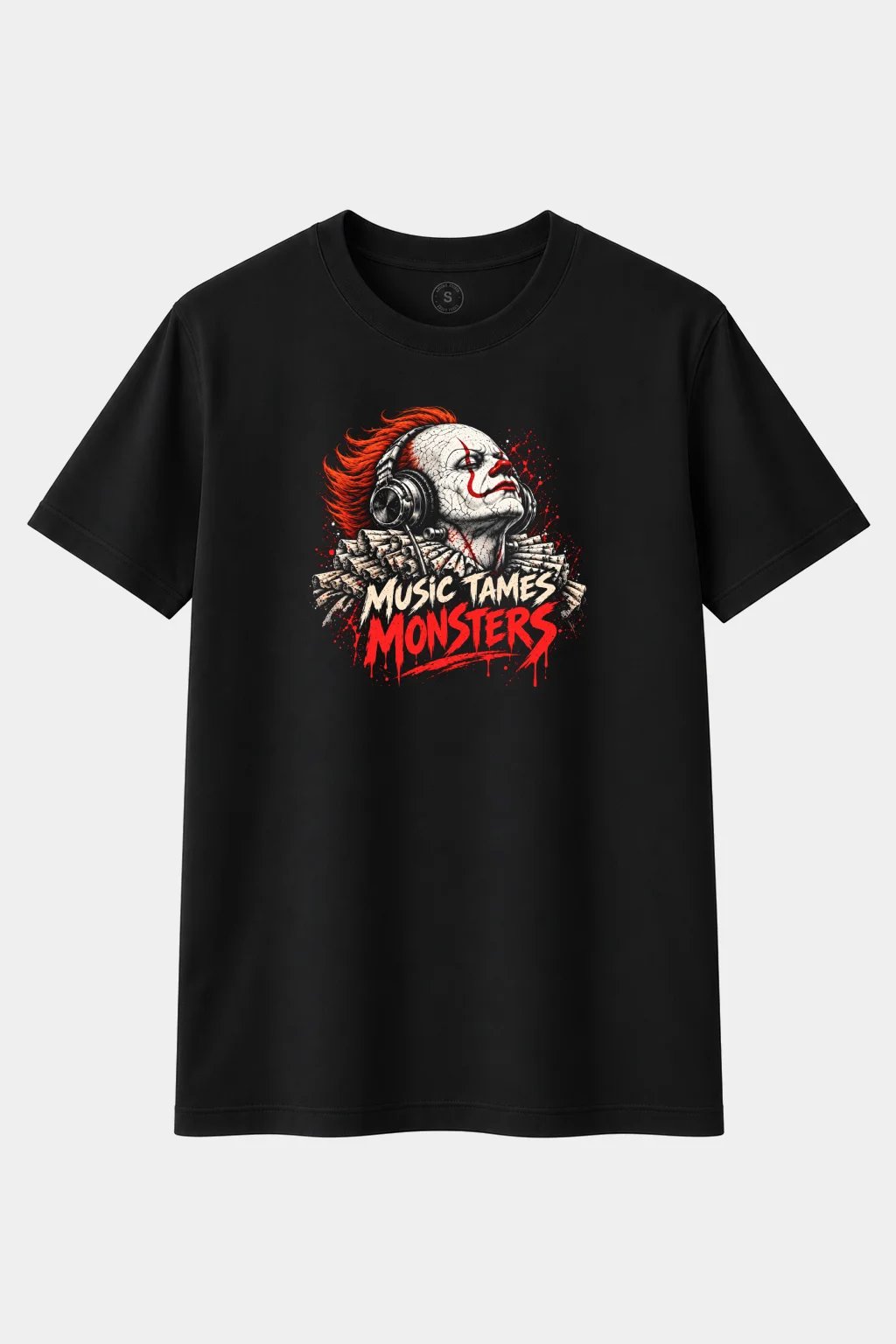 Camiseta Payaso Terrorífico con Auriculares “Music Tames Monsters” – Diseño de Terror y Música - imagen 1