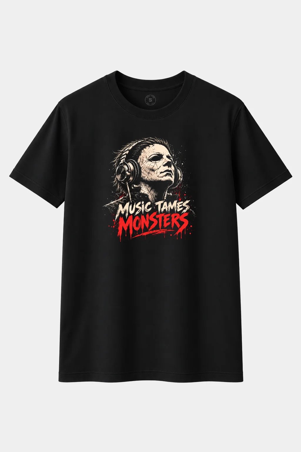 Camiseta Asesino Enmascarado con Auriculares “Music Tames Monsters” – Terror Musical - imagen 1