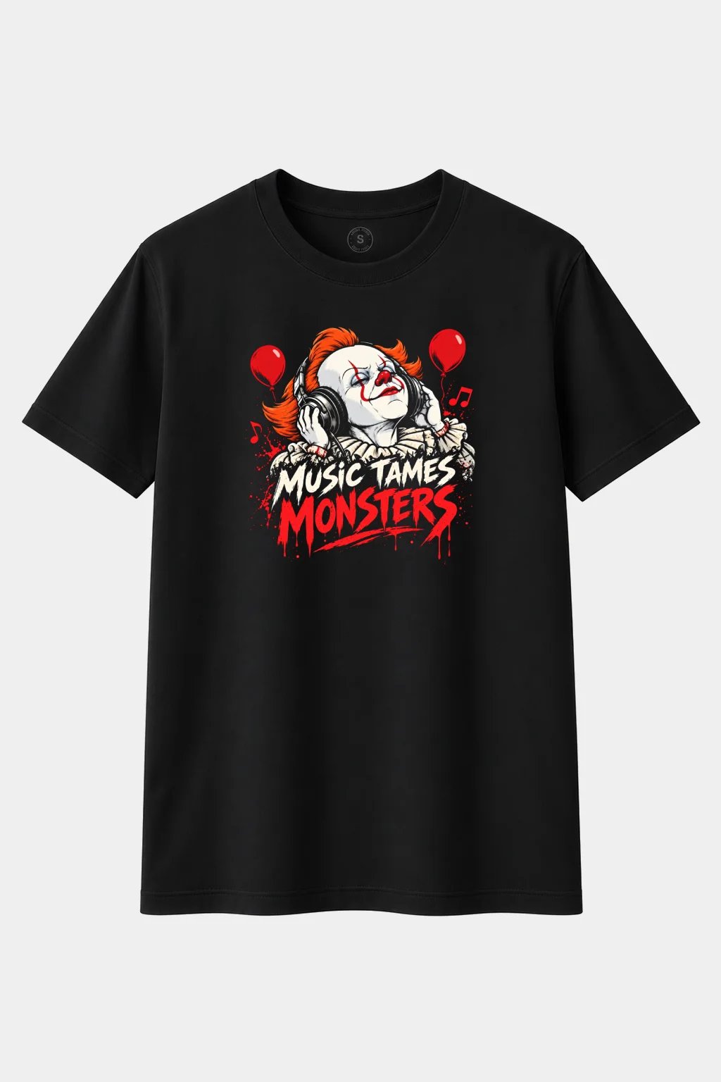 Camiseta Payaso Terrorífico con Auriculares “Music Tames Monsters” – Horror y Música - imagen 1