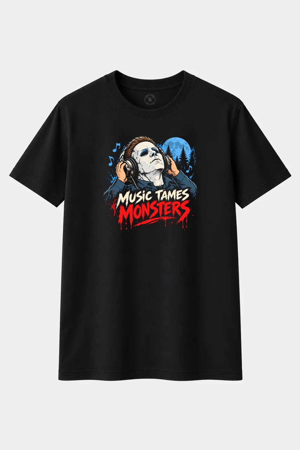 Camiseta Asesino de Halloween con Auriculares “Music Tames Monsters” – Terror Slasher - imagen 1