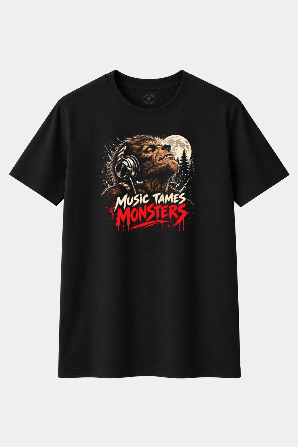 Camiseta Hombre Lobo con Auriculares “Music Tames Monsters” – Música y Terror - imagen 1