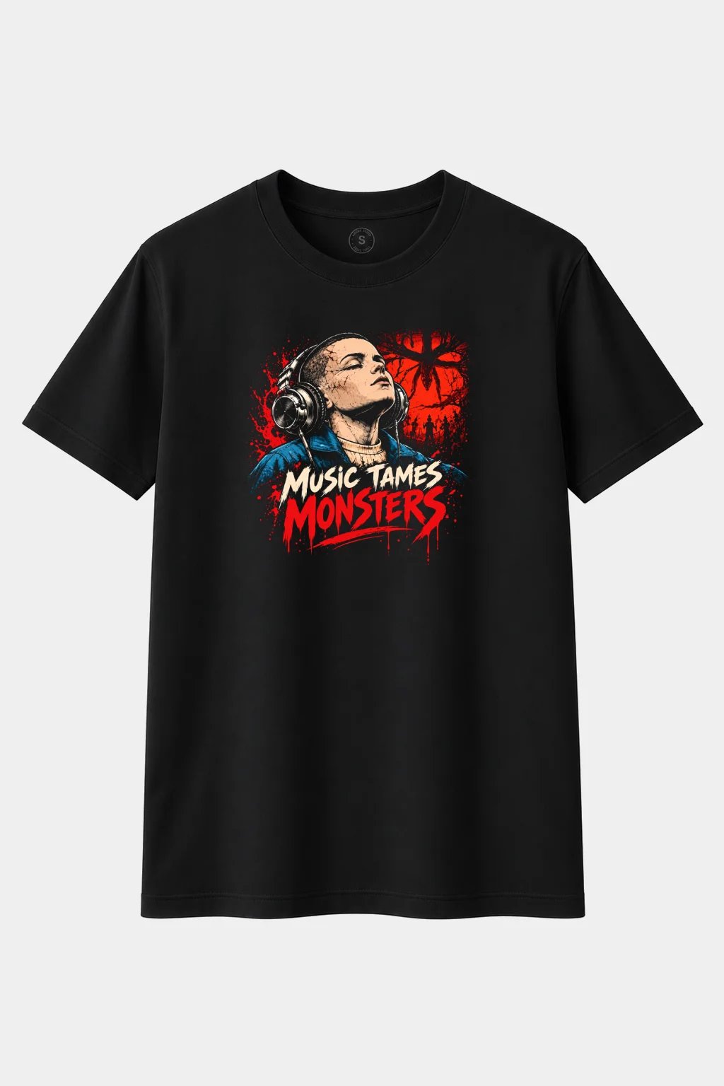 Camiseta Chica Sobrenatural con Auriculares “Music Tames Monsters” – Terror Friki - imagen 1