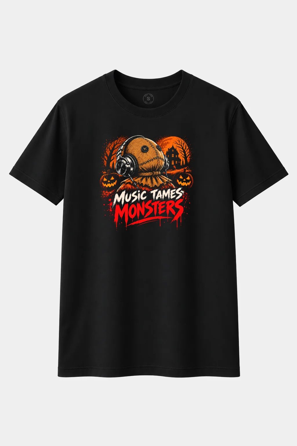Camiseta Muñeco Halloween con Auriculares “Music Tames Monsters” – Terror y Música - imagen 1
