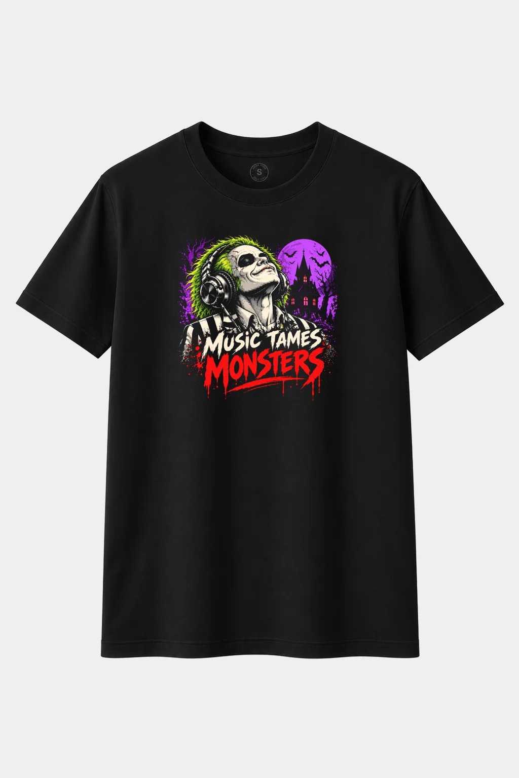 Camiseta Fantasma Excéntrico con Auriculares “Music Tames Monsters” – Terror Retro - imagen 1